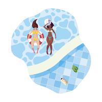 Interracial Girls mit Badeanzug und Bademeister schwimmen im Wasser vektor