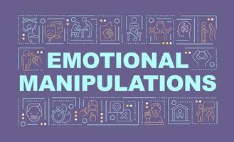 psychologische manipulationen wortkonzepte dunkelviolettes banner. emotionaler Schaden. Infografiken mit Symbolen auf farbigem Hintergrund. isolierte Typografie. Vektorillustration mit Text. Arial-schwarze Schriftart verwendet vektor