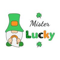 Mister Lucky Holiday Zitat mit Gnomen. kreatives design für st. Patricks Tag. Stock-Vektor-Illustration isoliert auf weißem Hintergrund. plakat, banner, grußkartengestaltungselement. vektor