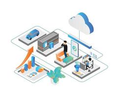 isometrisk stilillustration av marknadsföring av biluthyrning online med molndatalagring vektor
