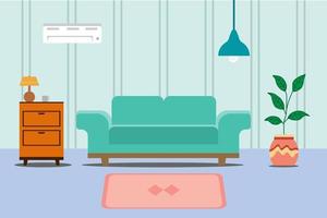 modernes Wohninterieur. wohnzimmer innenräume. bequemes Sofa, Fernseher, Fenster, Stühle und Zimmerpflanzen. Vektordatenillustration. innere Ästhetik. vektor