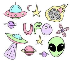 sammlung von ufo, aliens und weltraumobjekten im flachen stil. vektor
