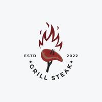 Steak mit Gabel und Feuer gegrilltes Logo, Vektorgrafik-Design. geeignet für Steakhaus, Rindfleisch, Bistro, Restaurantlogo. Rindfleisch-Element-Logo-Vorlage vektor