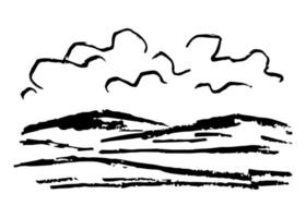 einfache vektorzeichnung des kohlestifts. Natur, Landschaft, Wetter, Klima. Silhouette von Bergen, Wolken. schwarz-weiß-skizze. vektor
