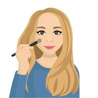 Porträt eines Bloggermädchens, das mit einem Pinsel, Make-up, flachem Vektor, Isolat auf weißem Hintergrund, Meinungsführerin Puder auf ihr Gesicht aufträgt vektor