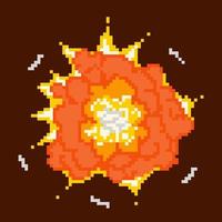 mächtige feurige Pixelexplosion. roter energiestoß mit gelber feuerdetonation und leuchtenden vektorfunken vektor