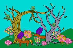 landskap med vårträd och fantasidjur och blommor i doodle stil. vektor