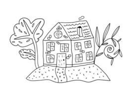 süßes handgezeichnetes Doodle-Haus mit Garten, Bäume isoliert auf weißem Hintergrund. vektor