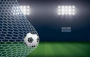 fotboll i mål. fotboll boll och vitt nät i fotbollsplan stadion bakgrund. vektor. vektor