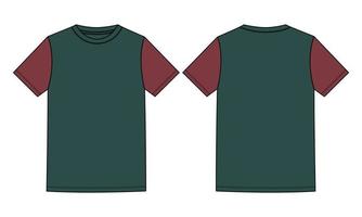 zweifarbige grüne, rote Farbe Regular Fit Kurzarm Basic T-Shirt technische Mode flache Skizze Vektor Illustration Vorlage Vorder-, Rückansichten. bekleidungsdesign mock up zeichnungsillustration.