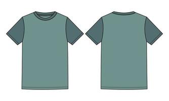 tvåfärgad grön färg normal passform kortärmad grundläggande t-shirt tekniskt mode platt skiss vektorillustration mall framifrån, bakifrån. kläder design mock up ritning illustration. vektor