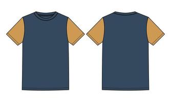 tvåfärgad marinblå, gul färg normal passform kortärmad grundläggande t-shirt tekniskt mode platt skiss vektorillustration mall framifrån, bakifrån. kläder design mock up ritning illustration. vektor