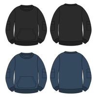 långärmad tröja med ficka tekniska mode platt skiss vektor illustration ritningsmall för män. klädklänning design tröja svart, marinblå färg mockup cad.