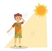 värmeslag koncept. solsting och solbränna risk liten pojke under brinnande sol. hög temperatur, varmt väder.sommar vektor