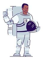 rymdturist semi platt rgb färg vektorillustration. manlig astronaut håller hjälm och visar tummen upp isolerade seriefigur på vit bakgrund vektor