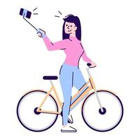 aktiv livsstil semi platt rgb färg vektorillustration. flicka på cykel håller selfie stick isolerade seriefigur på vit bakgrund vektor