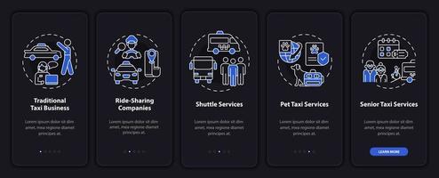 Taxi-Business-Typen Nachtthema beim Onboarding auf dem Bildschirm der mobilen App. Versand Walkthrough 5 Schritte grafische Anleitungsseiten mit linearen Konzepten. ui, ux, gui-Vorlage. Unzählige pro-fette, normale Schriftarten werden verwendet vektor