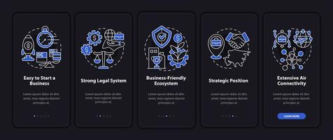 Geschäftsgründung im Singapur-Nachtmodus beim Onboarding des Bildschirms der mobilen App. Komplettlösung 5 Schritte grafische Anleitungsseiten mit linearen Konzepten. ui, ux, gui-Vorlage. Unzählige pro-fette, normale Schriftarten werden verwendet vektor