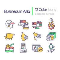 Geschäft in Asien RGB-Farbsymbole gesetzt. Steuersätze senken. unternehmen in singapur gründen. isolierte Vektorgrafiken. einfache Sammlung gefüllter Strichzeichnungen. editierbarer Strich. Quicksand-Light-Schriftart verwendet