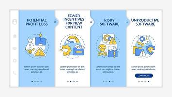 problem med digital piratkopiering onboarding vektor mall. responsiv mobilwebbplats med ikoner. webbsida genomgång skärmar med 4 steg. färre incitament för innehållsfärgkoncept med linjära illustrationer