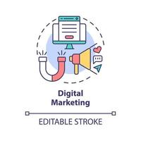 Symbol für digitales Marketingkonzept. Online Unternehmer Fähigkeit abstrakte Idee dünne Linie Illustration. Erreichen Sie potenzielle Kunden über soziale Medien. Vektor isolierte Umrissfarbe Zeichnung. editierbarer Strich