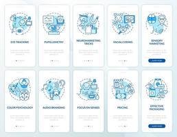 Marketing-Neurowissenschaften beim Onboarding auf der Seite der mobilen App. Verbraucherpsychologie Walkthrough 5 Schritte grafische Anleitung mit Konzepten. ui, ux, gui-vektorvorlage mit linearen farbillustrationen vektor