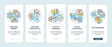 fördelarna med online-företagande ombord på mobilappsidan. tillgänglighetsgenomgång 5 steg grafiska instruktioner med koncept. ui, ux, gui vektormall med linjära färgillustrationer vektor