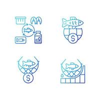 fiskprodukt som producerar och handel gradient linjär vektor ikoner set. kommersiellt fiske. producera skaldjursprodukter för handel. tunn linje kontur symboler bunt. isolerade kontur illustrationer samling