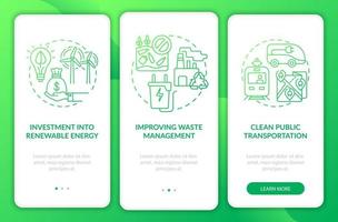 Reduzieren Sie die globale Erwärmung beim Onboarding auf der Seite der mobilen App. Abfallmanagement Walkthrough 3 Schritte grafische Anweisungen mit Konzepten. ui, ux, gui-vektorvorlage mit linearen farbillustrationen vektor