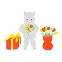 süße Cartoon-Schafe mit bunten Blumen und Geschenken vektor