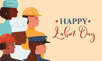Happy Labor Day Vektor flaches Banner. illustration mit menschengruppe unterschiedlicher berufe. Berufe Feuerwehrmann, Baumeister, Arzt, Polizist und Koch