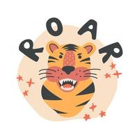 Vektorillustration des brüllenden Tigers mit Schriftzug, isoliert auf weißem Hintergrund. süßes lustiges afrikanisches Tier für Kinder, kann als Aufkleber, T-Shirt-Druck, Poster verwendet werden vektor