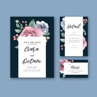 Blommigt trädgårdsinbjudankort för lyckligt bröllopskort, rsvp detalj utrymme layout vintage prydnad vacker, akvarell vektor illustration mall samling design