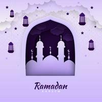 ramadan kareem papierschnittvektor. banner oder poster mit laternen-, stern- und wolkenverzierung, geeignet zum feiern von ramadan-veranstaltungen. vektor