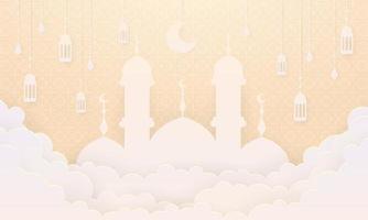 ramadan kareem pappersklipp vektor. banderoll eller affisch med lykta och molnprydnad, lämplig för att fira ramadanhändelser. vektor