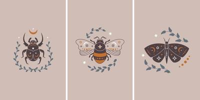 vektor illustration uppsättning av himmelsk fjäril, bi och bugg med löv. vintage magisk insekt