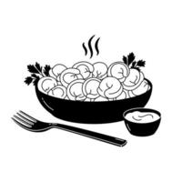 russische Pelmeni. Fleischknödel auf Teller mit Sauerrahm und Petersilienzweig, Gabel. Lebensmittel. vektor