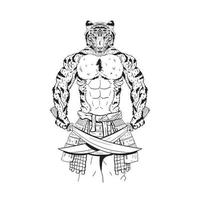 Illustrationsvektorgrafik eines starken Samurai-Tigermanns mit zwei Klingen. tierischer Mutantencharakter. handgezeichnete skizze schwarz und weiß. vektorgravierte Illustration für T-Shirts oder Malbuch für Erwachsene