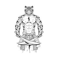 illustration vektorgrafik av stark samurai tigerman med två blad. djur mutant karaktär. handritad skiss svart och vitt. vektor graverad illustration för t-shirts eller vuxen målarbok