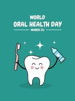 World oral health day bannerdesign, med söt tandkaraktär som håller tandborste och tandkräm. vektor illustration.