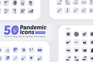 50 Pandemiesymbole mit 4 verschiedenen Variationen, Kovid 19, Maske, Desinfektionsmittel, Impfstoff, Thermometer vektor