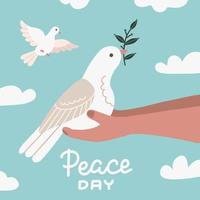 Weiße Taube mit Olivenzweig, die in menschlichen Händen sitzt. Friedenszeichen. Taube isoliertes Logo. weißes fliegendes Vogelemblem. flache Taube flaches Zeichen. Plakatillustration zum Friedenstag mit Himmel und Wolken.