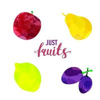 fruktset ritade akvarellfläckar och fläckar med en spray äpple, citron, päron, plommon. isolerade eko naturlig mat vektor frukter illustration på vit bakgrund med bokstäver