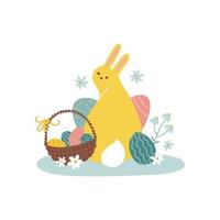 Osterhase sitzt neben Korb mit Eiern. ClipArt für Frühlingskarte. flache vektorkarikaturillustration lokalisiert auf einem weißen hintergrund. vektor