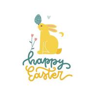 glad påsk gratulationskort. söt liten vårkanin som håller ägg på näsan. påsk kanin med bokstäver text. vektor platt handritad illustration för affisch, print, kort, inbjudan, tagg
