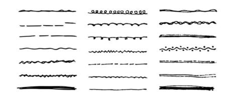 Vektorsatz von handgezeichneter Unterstreichung. Sammlung schwarzer Kritzelpinselstriche. Filzpinsel schmiert Streifen.