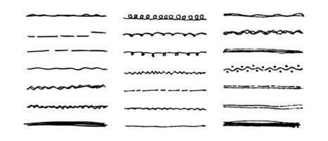 vektor uppsättning handritad understrykning. svart klottrig penseldrag samling. filtborste smetar ut rand.