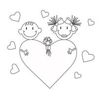 kontur stil svart och vit tjej och pojke blir kära i varandra. bukett blommor och ett stort hjärta vektor