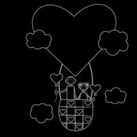Umrissstil schwarz-weißes Mädchen und Junge fliegen in einem Heißluftballon am Valentinstag Vektordesign Liebesgeschichte eines verliebten Paares vektor