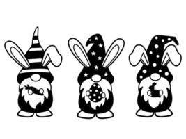 tre glada söta påsktomtar med kaninöron som håller en morot, påskägg, clipart för barn påsk, påskklippfil bunny vektorillustration. vektor